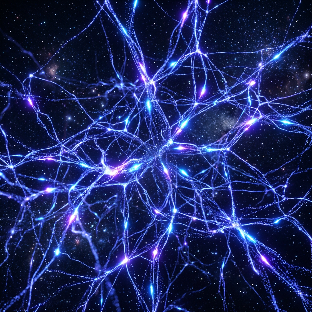 Glowing blue and purple neural connections forming a complex network against a dark background